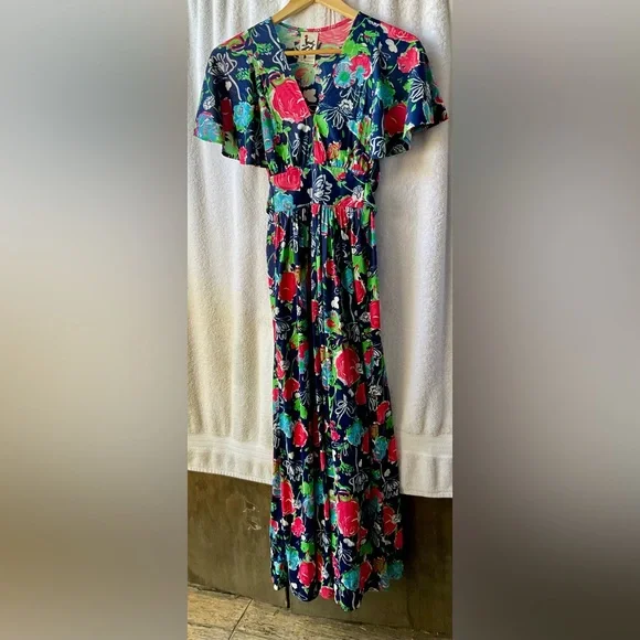 Jody T of California Colorful V-Neck Flutter Sleeve  Wrap Around Maxi Sundress - Picture 5 of 8